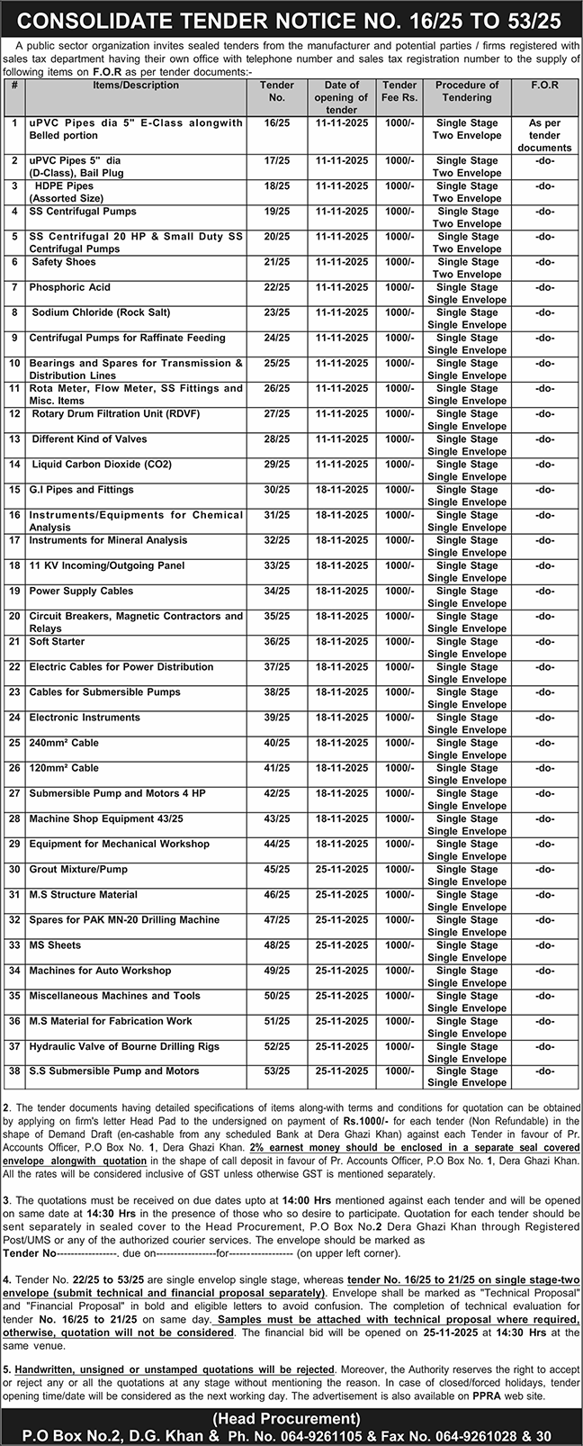 Public Sector Organization DG Khan Tender Notice
